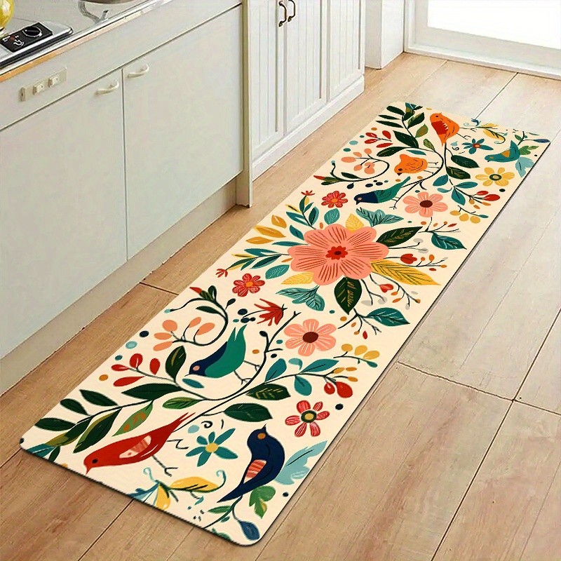 Commercial Kitchen Floor - Beige White Bird Flower Branch Fresh